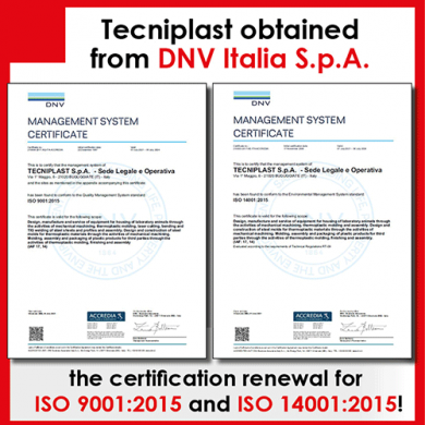 Tecniplast a obtenu le renouvellement des certifications ISO 9001:2015 et ISO 14001:2015 (par DNV Italia S.p.A.) : un engagement particulier pour nos Clients !
